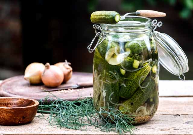 Ein Glas mit eingelegten Blitzgurken, Schnell- oder Schüttelgurken. Auf dem Glas liegt eine Gabel mit einer aufgespießten Blitzgurke