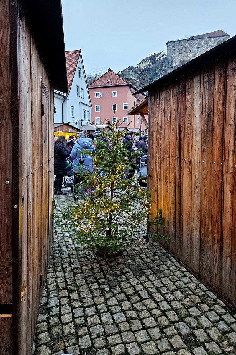 Kleiner Weihnachtsbaum auf dem Adventsmarkt mit Blick zur beleuchteten Burg Laaber