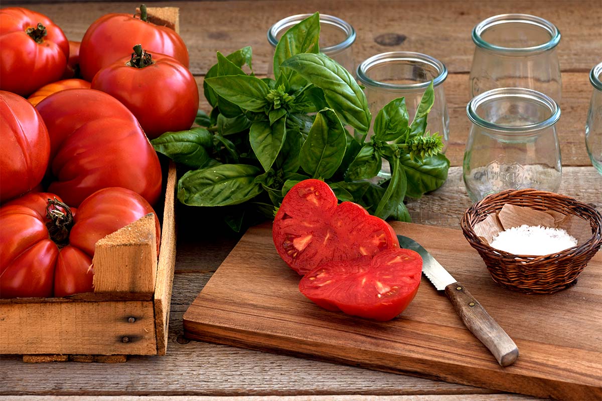 Ochsenherz-Tomaten mit Basilikum aus dem Freiland – frisch zum Einkochen
