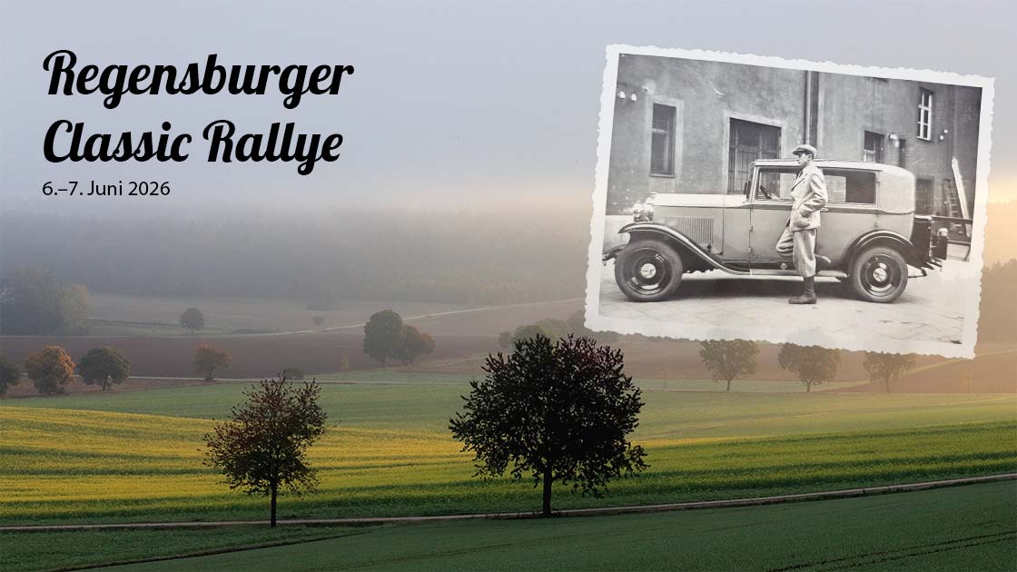 Headergrafik zur Regensburger Classic Rallye 2026 mit historischem Oldtimerfoto vor Landschaft im Regensburger Land